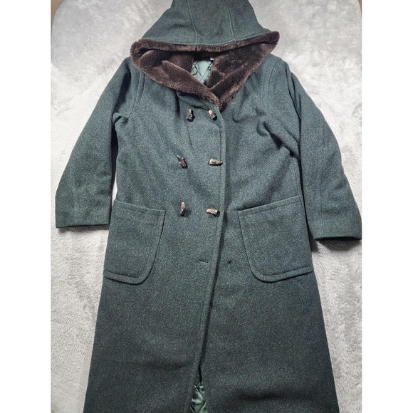L.L. Bean Jackets & Blazers - Vintage LL Bean Coat Womens 8 Green Wool Hooded Toggle Fur Trim Lined Long